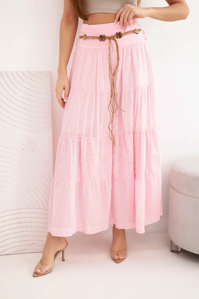 Spódnica damska maxi bawełniana z ażurowym haftem i elastycznym pasem cukierkowy róż