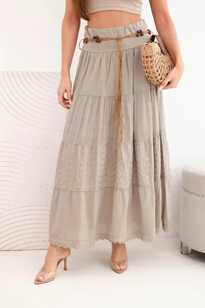 Spódnica damska maxi bawełniana z ażurowym haftem i elastycznym pasem fango