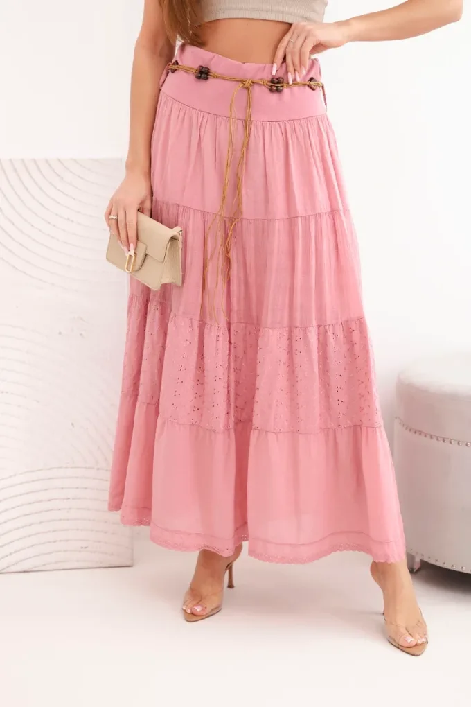 Spódnica damska maxi bawełniana z ażurowym haftem i elastycznym pasem ciemno różowa