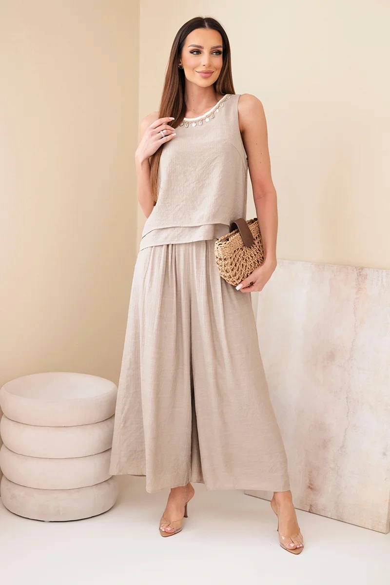 Komplet damski z wiskozą z topem bez rękawów i spodniami szeroka nogawka z ozdobnym wykończeniem fango - obrazek 2