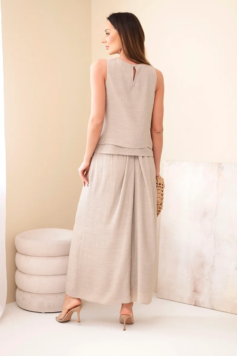 Komplet damski z wiskozą z topem bez rękawów i spodniami szeroka nogawka z ozdobnym wykończeniem fango - obrazek 3