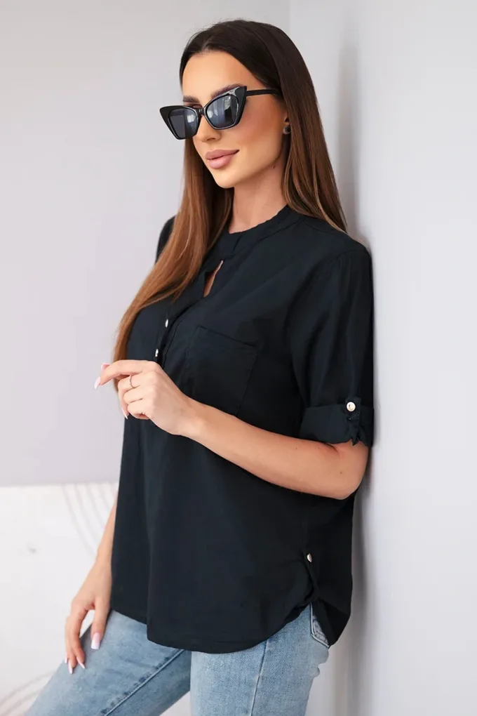 Bluzka damska koszulowa bawełniana z krótkim rękawem i kieszonką czarna