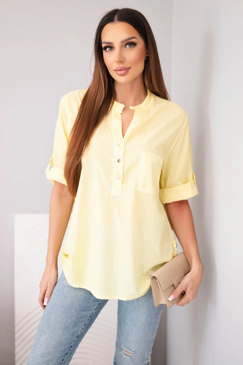 Bluzka damska koszulowa bawełniana z krótkim rękawem i kieszonką żółta - obrazek 2