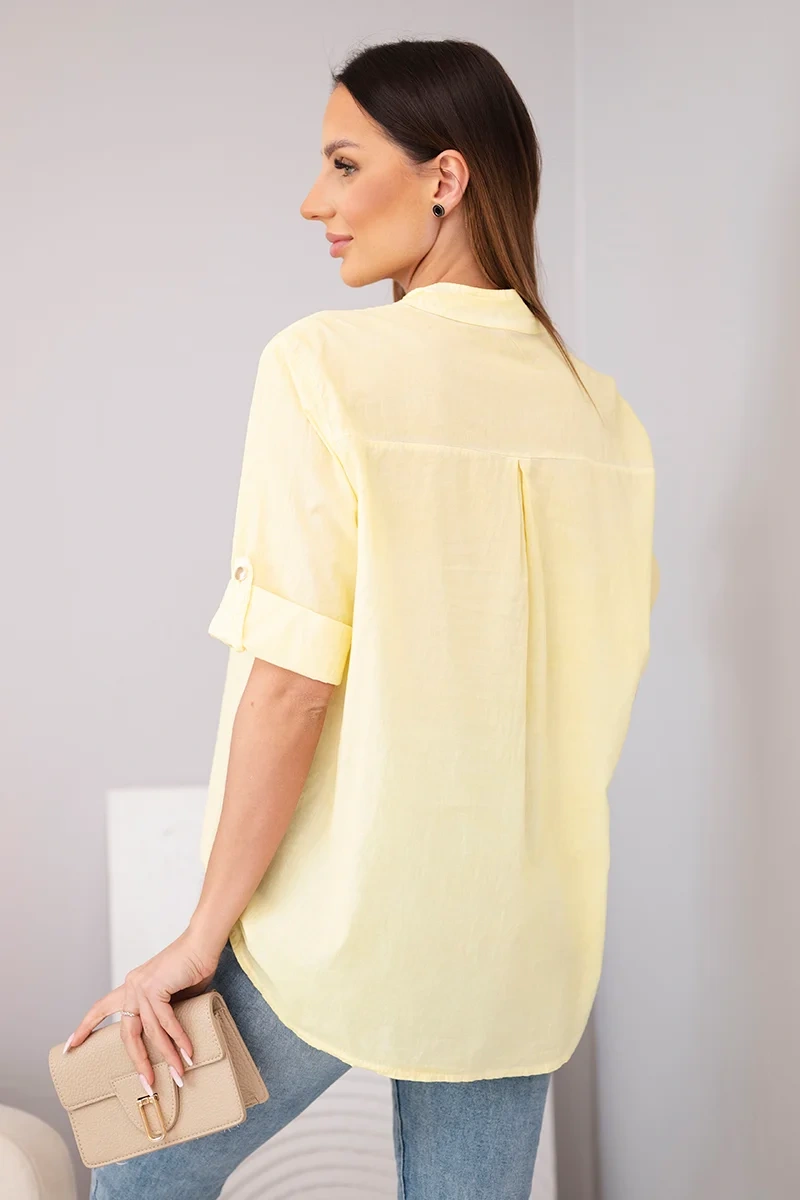 Bluzka damska koszulowa bawełniana z krótkim rękawem i kieszonką żółta - obrazek 3