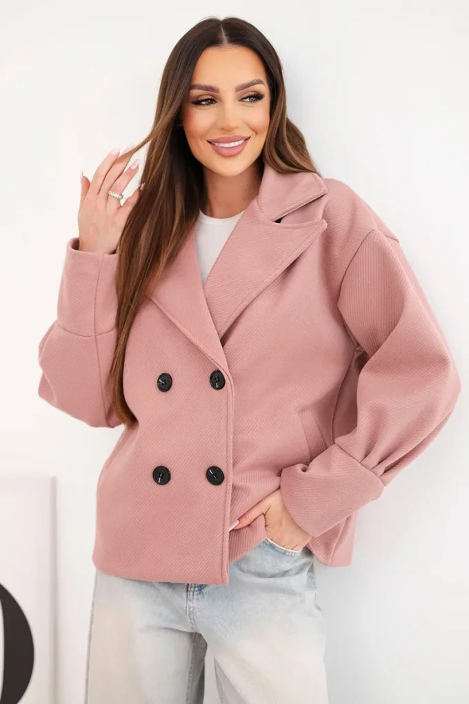 Kurtka damska krótka dwurzędowa z kołnierzem ciemno różowa