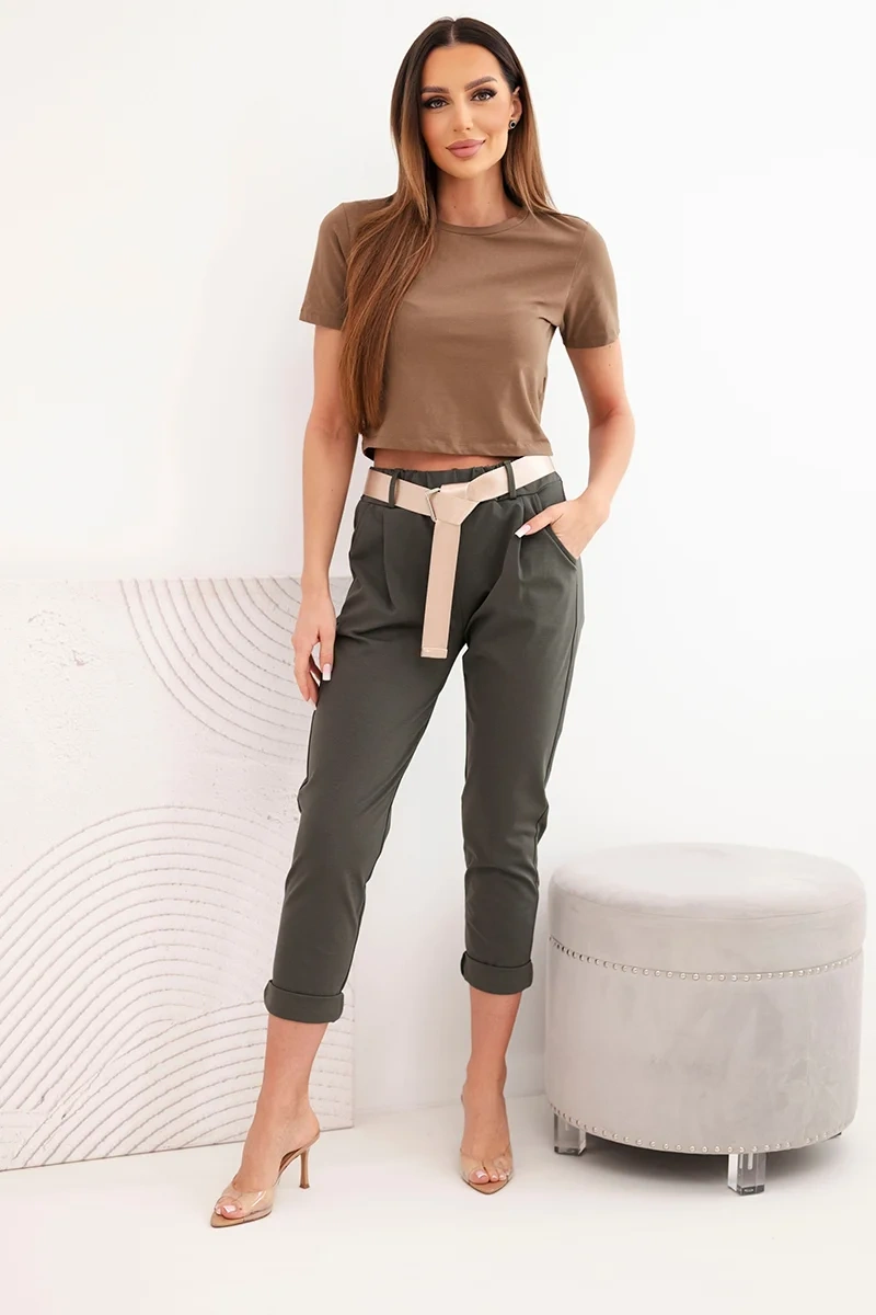 Spodnie Punto z paskiem khaki - obrazek 2