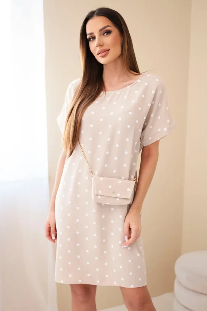 Sukienka damska w grochy z krótkim rękawem i torebką beżowa