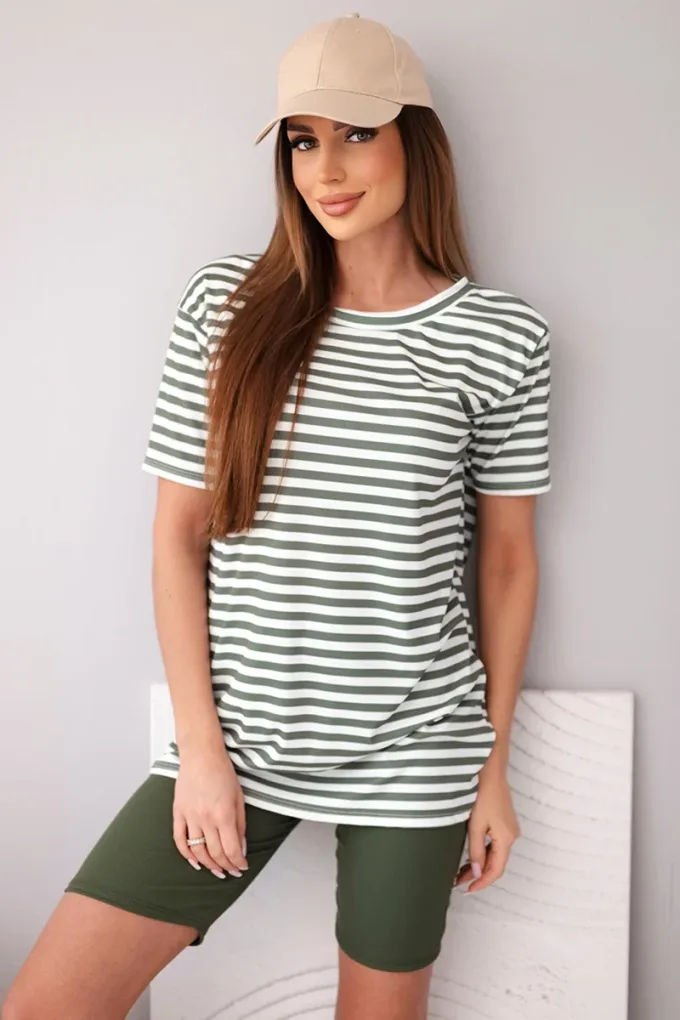 Komplet damski wiskozowy w paski z krótkim rękawem i spodenkami khaki