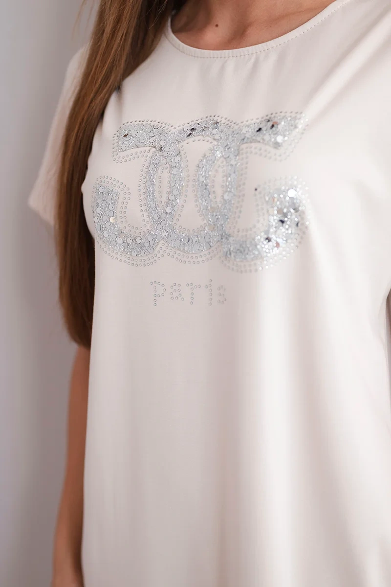 Sukienka damska wiskozowa z krótkim rękawem i ozdobnym nadrukiem beżowa - obrazek 4