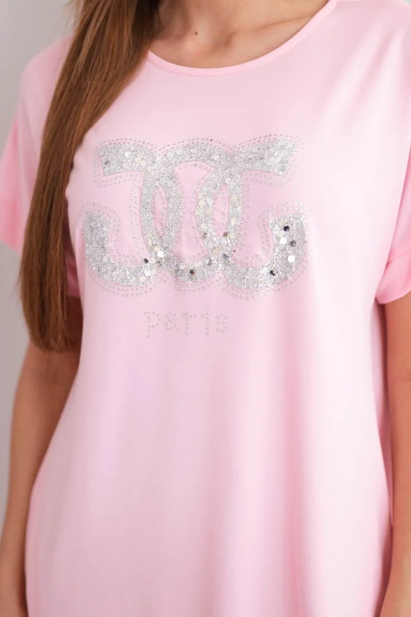 Sukienka damska wiskozowa z krótkim rękawem i ozdobnym nadrukiem cukierkowy róż - obrazek 4