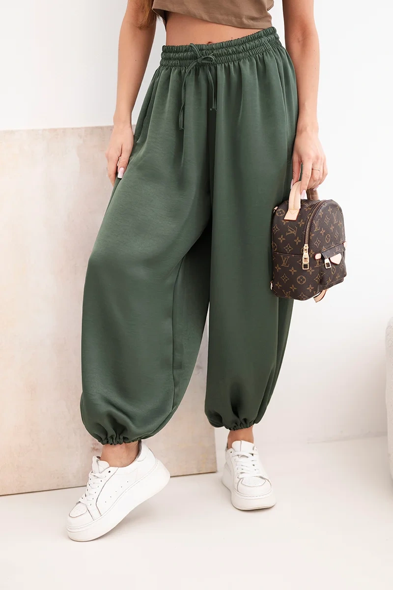 Spodnie damskie szerokie z gumką w pasie i wiązaniem typu alladynki khaki