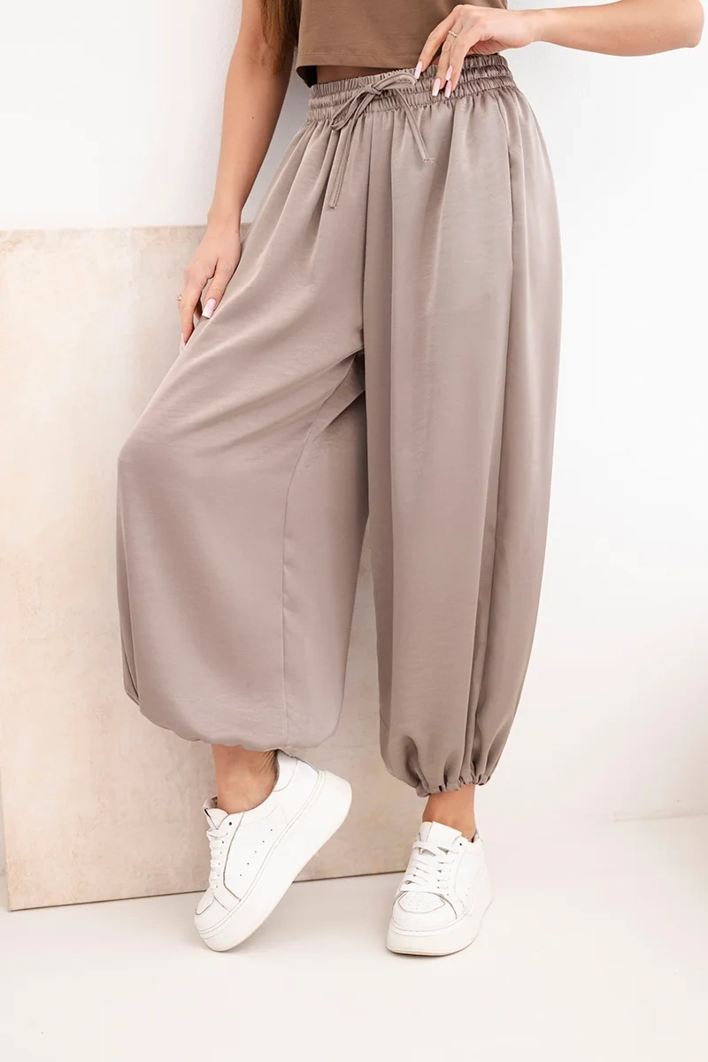 Spodnie damskie szerokie z gumką w pasie i wiązaniem typu alladynki fango