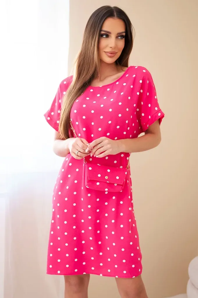 Sukienka damska w grochy z krótkim rękawem i torebką fuksja