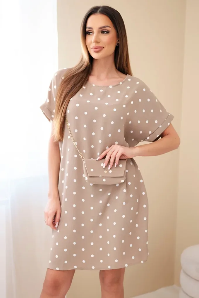 Sukienka damska w grochy z krótkim rękawem i torebką fango