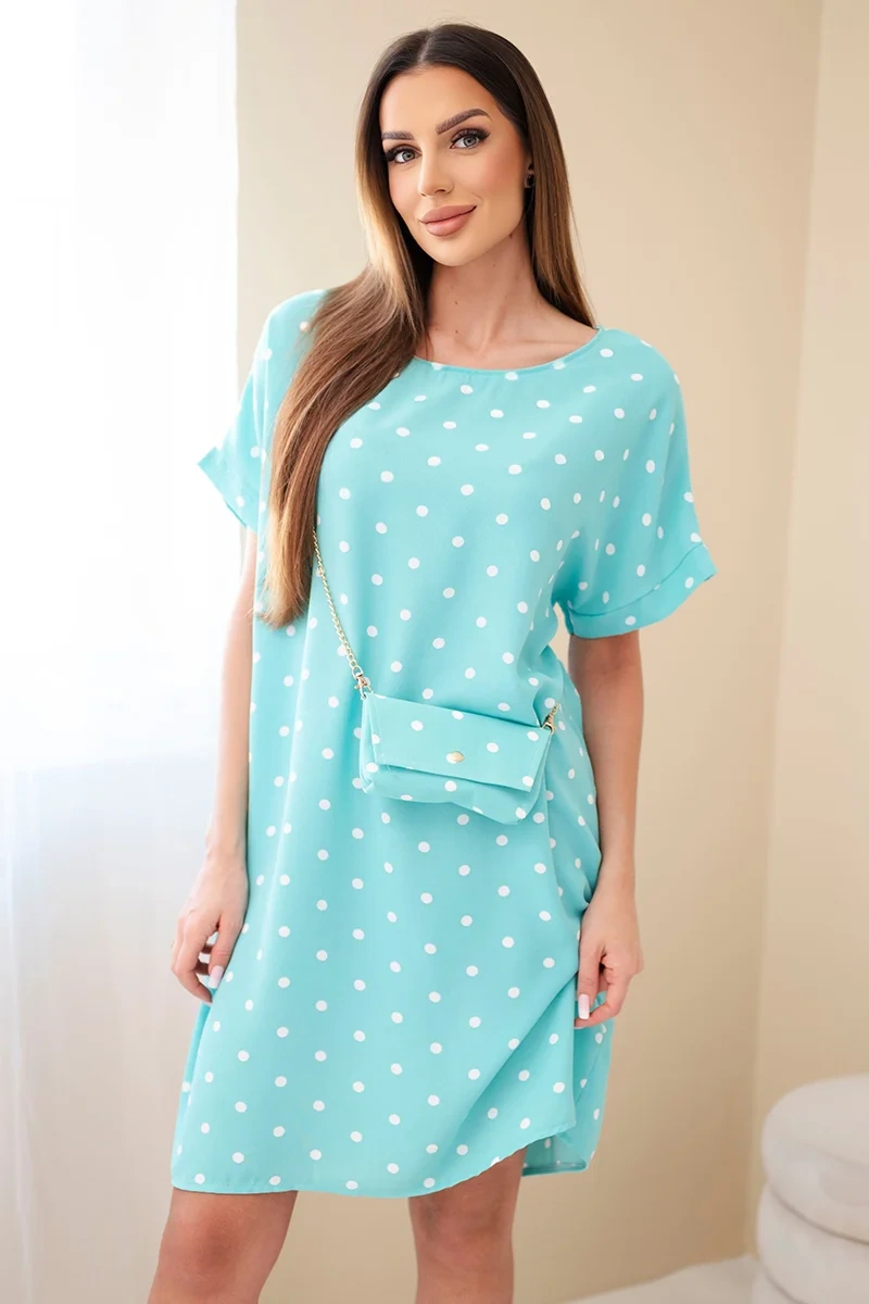 Sukienka damska w grochy z krótkim rękawem i torebką miętowa