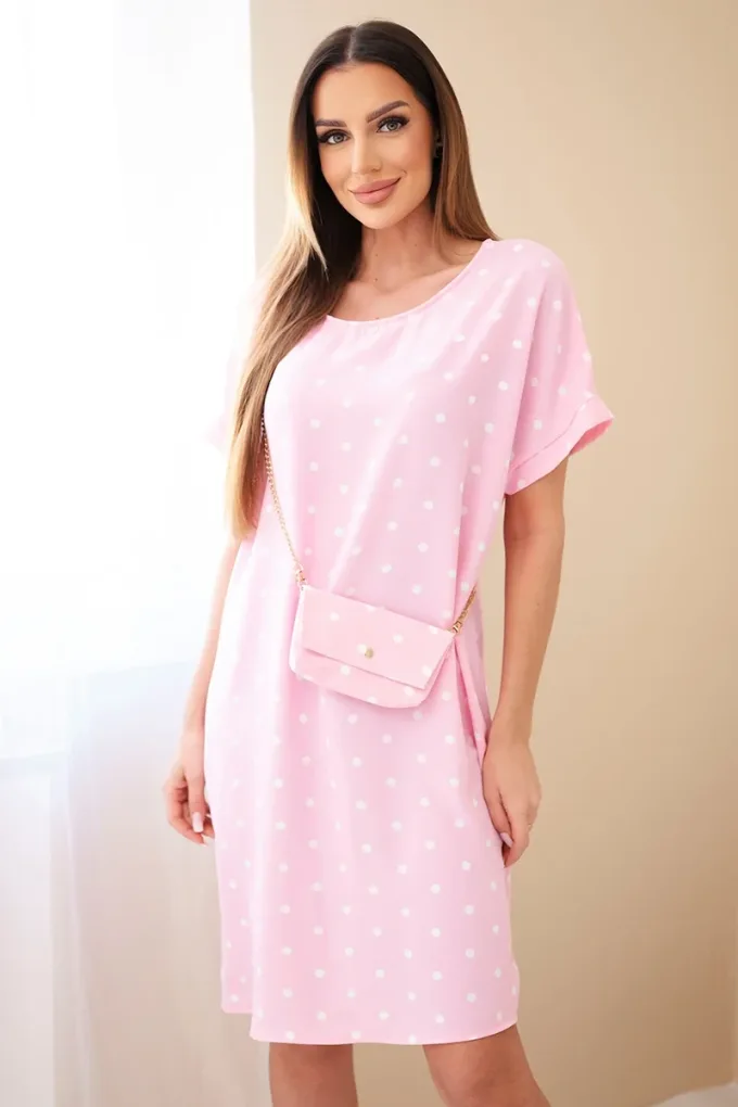 Sukienka damska w grochy z krótkim rękawem i torebką cukierkowy róż