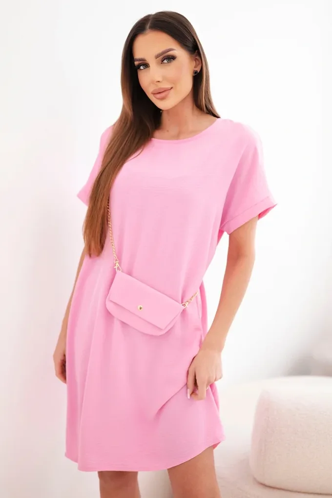 Sukienka damska z krótkim rękawem i torebką na łańcuszku cukierkowy róż