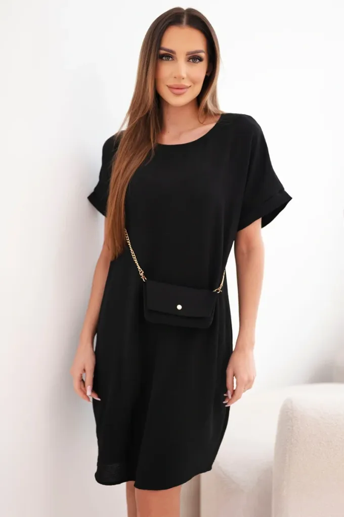 Sukienka damska z krótkim rękawem i torebką na łańcuszku czarna