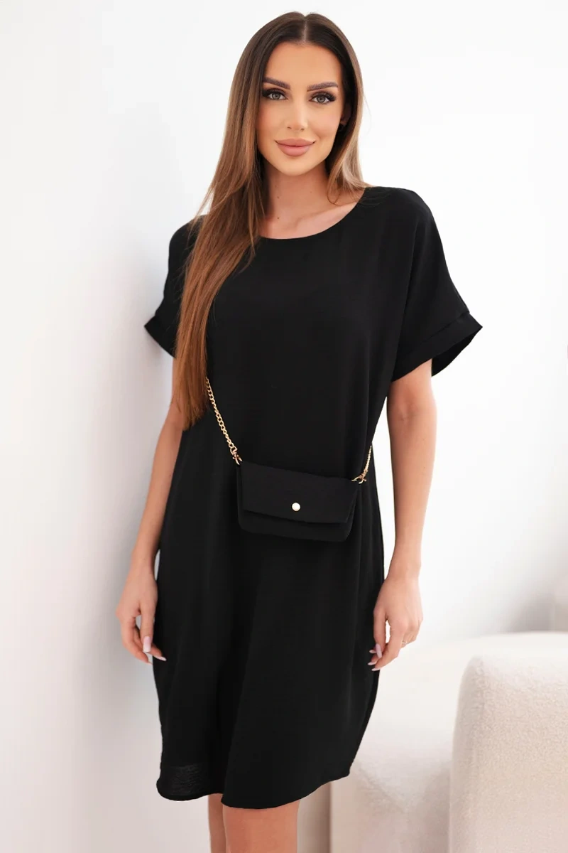 Sukienka damska z krótkim rękawem i torebką na łańcuszku czarna