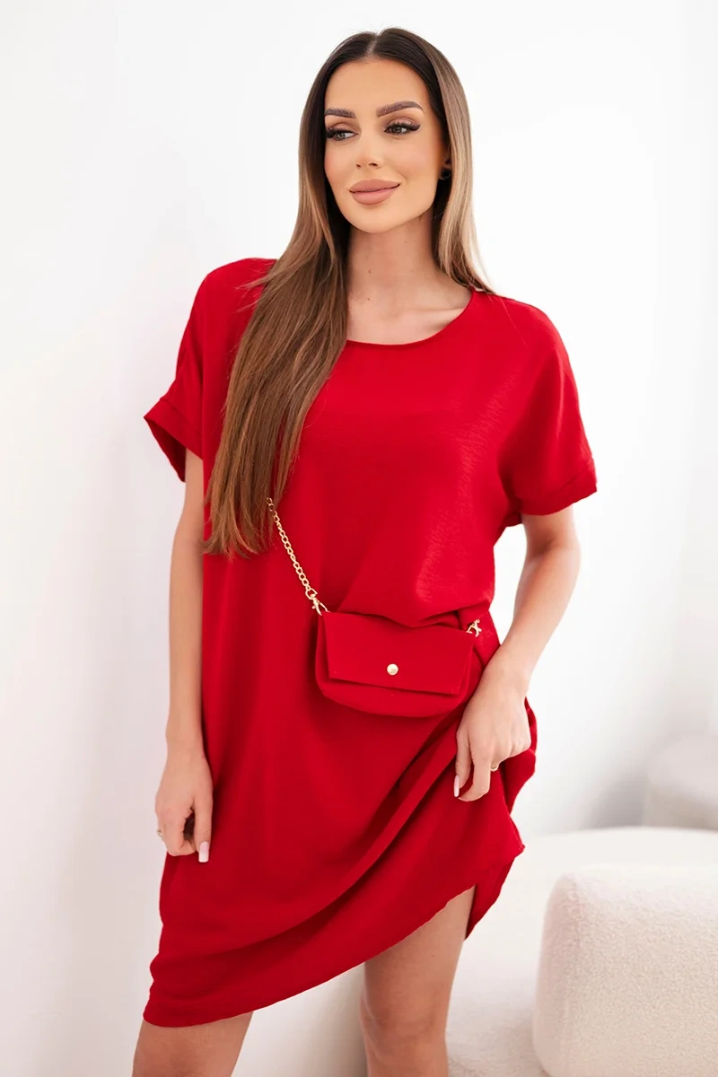 Sukienka damska z krótkim rękawem i torebką na łańcuszku bordowa