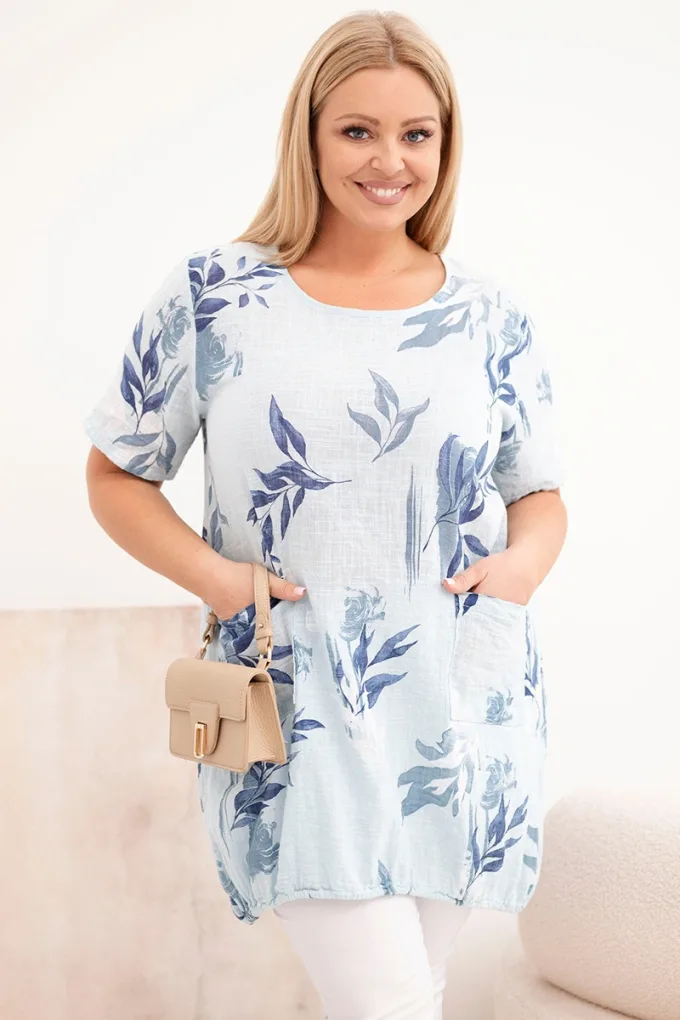 Bluzka damska bawełniana Plus Size z krótkim rękawem i wiązaniem na dole niebieska