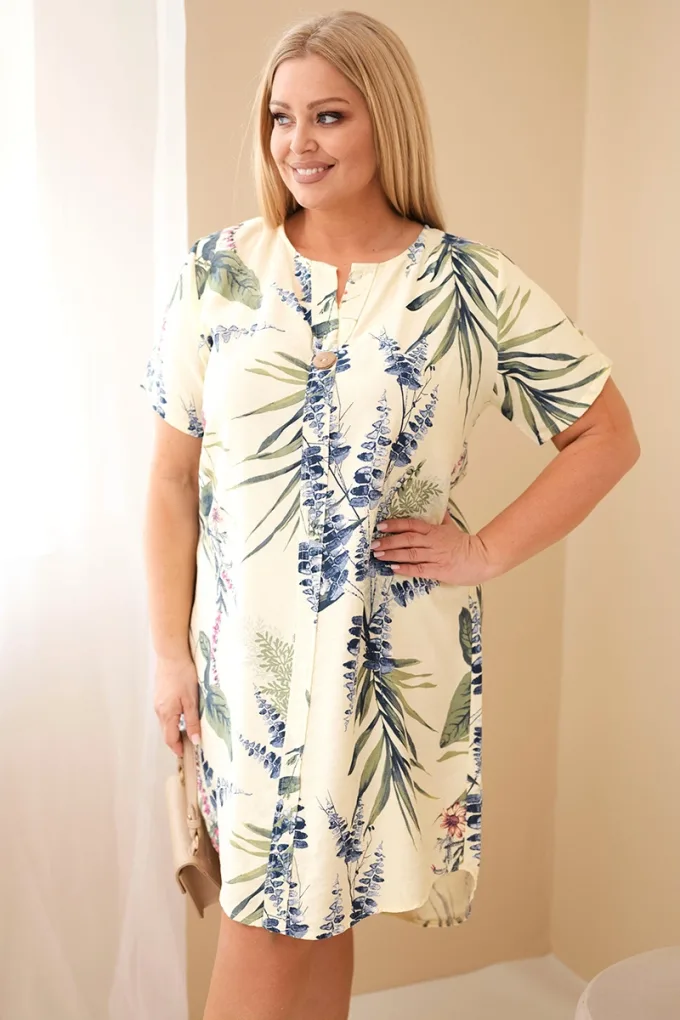 Sukienka damska wiskozowa Plus Size z krótkim rękawem i dekoltem na guziki żółta