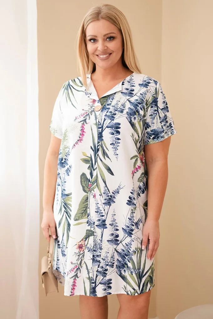 Sukienka damska wiskozowa Plus Size z krótkim rękawem i dekoltem na guziki biała