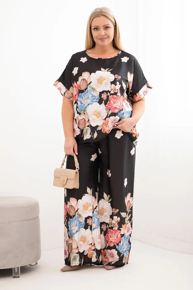 Komplet damski Plus Size z bluzką i spodniami w kwiaty z szeroką nogawką czarny