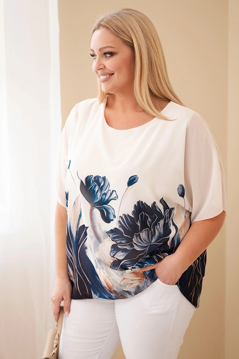 Bluzka damska Plus Size z kwiatowym printem i luźnym rękawem jeansowa