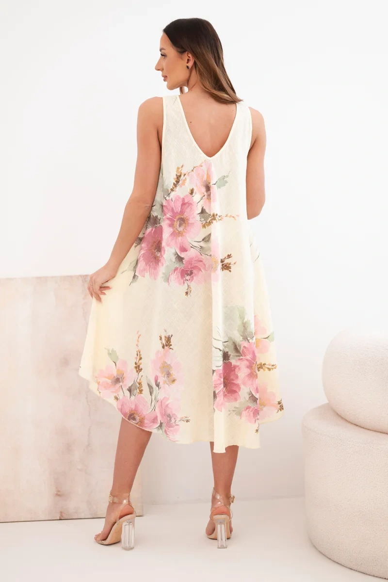 Sukienka damska bawełniana oversize z dekoltem V i kwiatowym nadrukiem żółta - obrazek 3