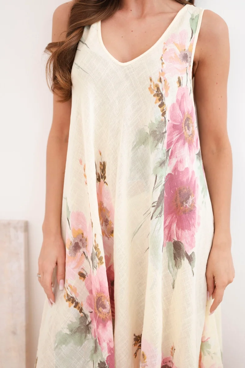 Sukienka damska bawełniana oversize z dekoltem V i kwiatowym nadrukiem żółta - obrazek 4