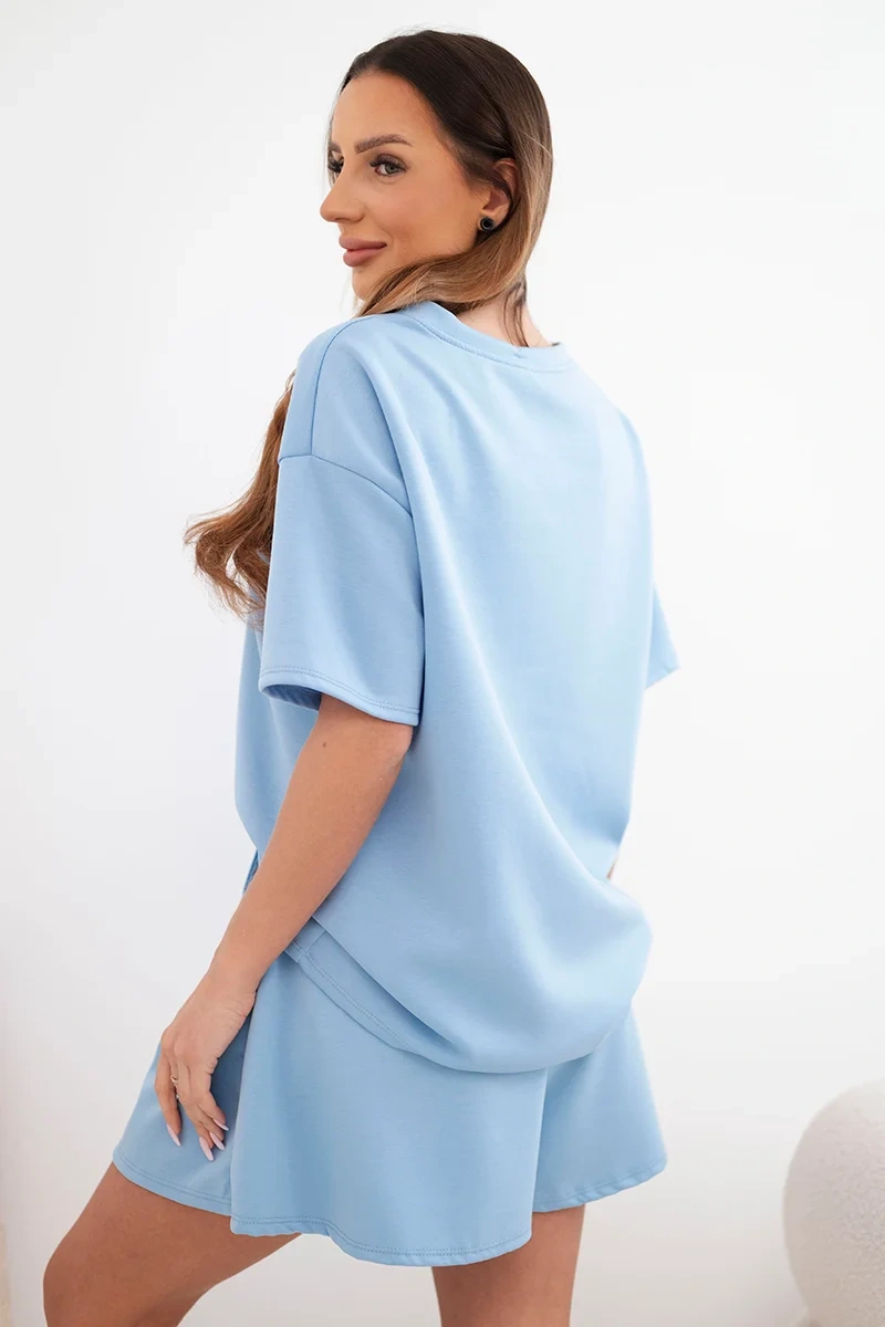Komplet damski wiskozowy masełko z krótkim rękawem i spodenki z wysokim stanem niebieski - obrazek 3