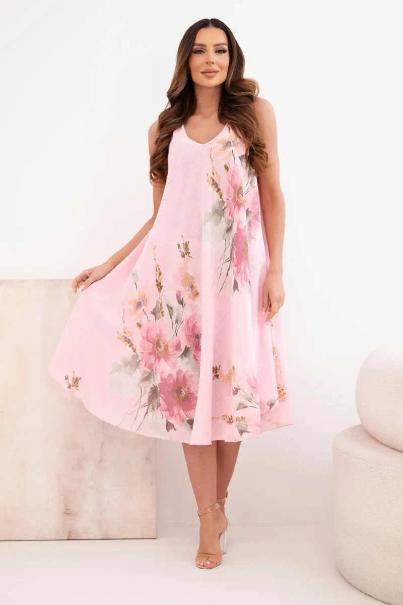 Sukienka damska bawełniana oversize z dekoltem V i kwiatowym nadrukiem jasno różowa - obrazek 2