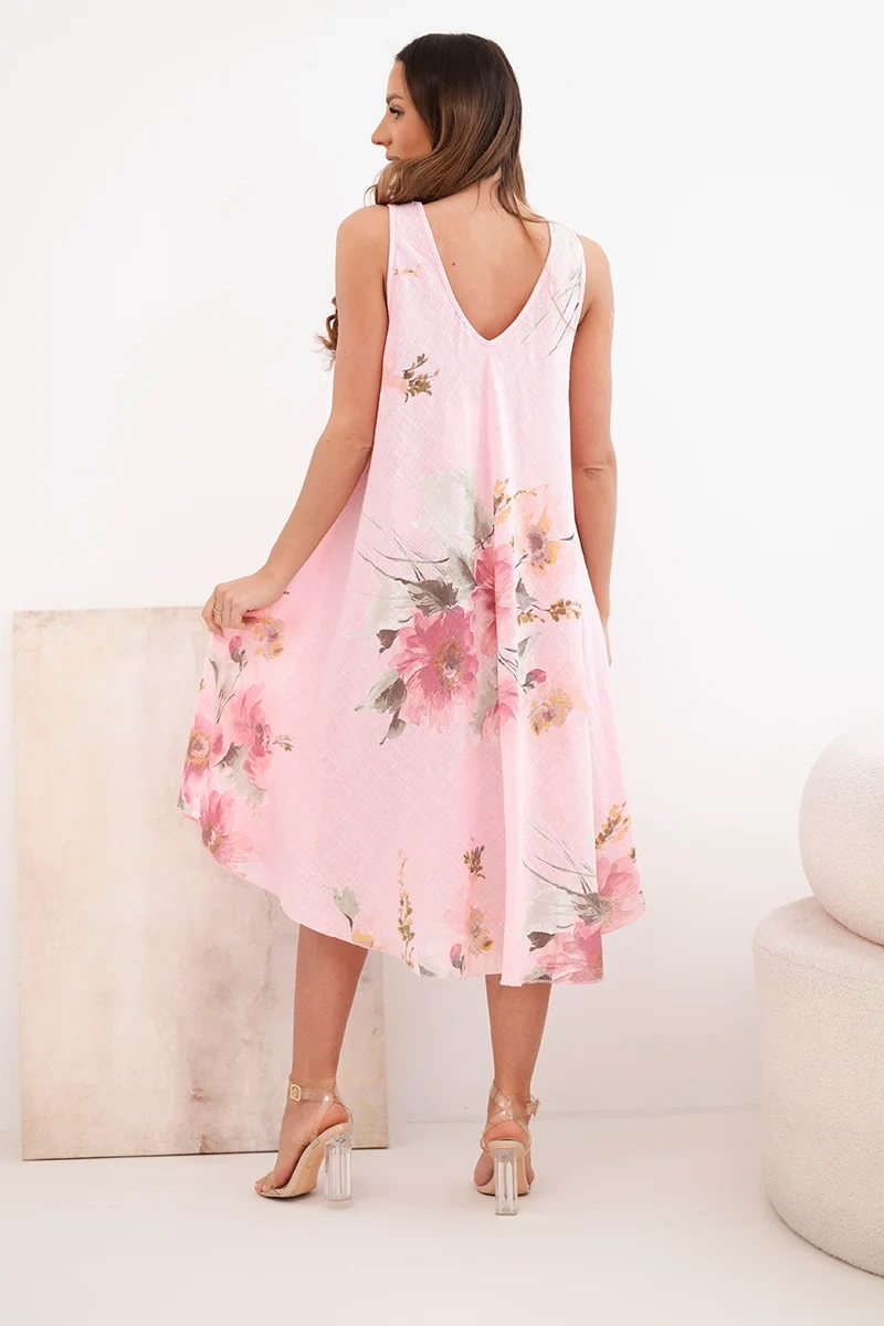 Sukienka damska bawełniana oversize z dekoltem V i kwiatowym nadrukiem jasno różowa - obrazek 3