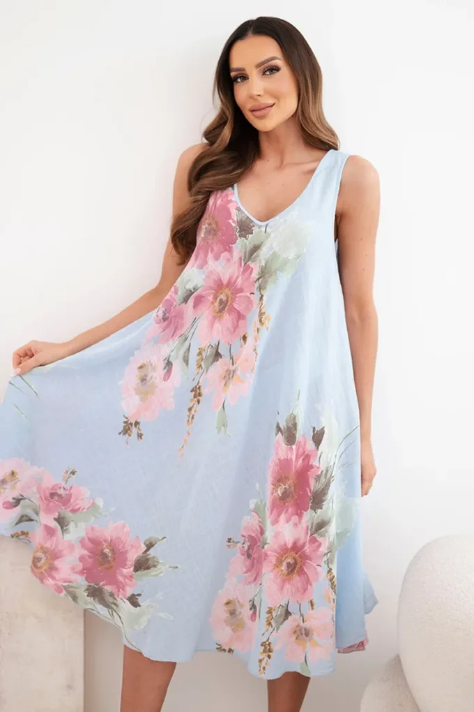 Sukienka damska bawełniana oversize z dekoltem V i kwiatowym nadrukiem niebieska