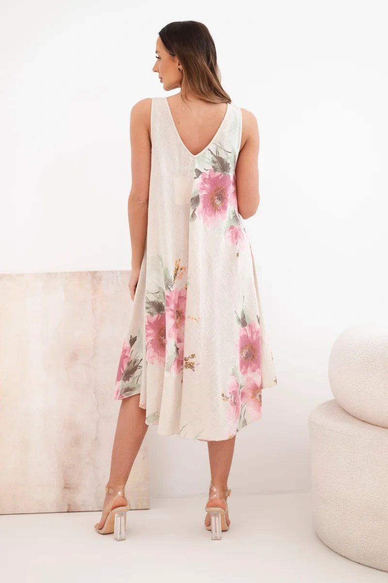 Sukienka damska bawełniana oversize z dekoltem V i kwiatowym nadrukiem beżowa - obrazek 3
