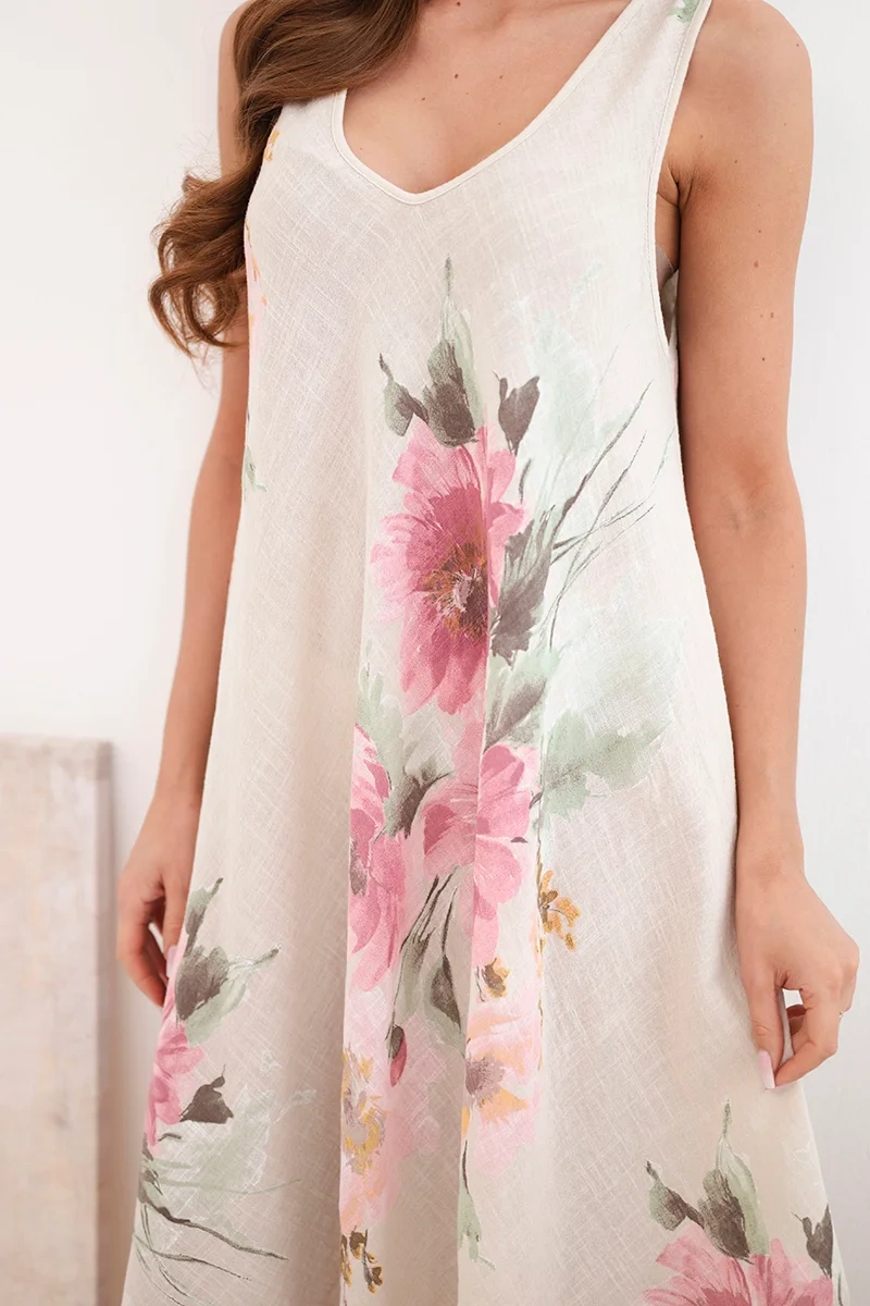 Sukienka damska bawełniana oversize z dekoltem V i kwiatowym nadrukiem beżowa - obrazek 4