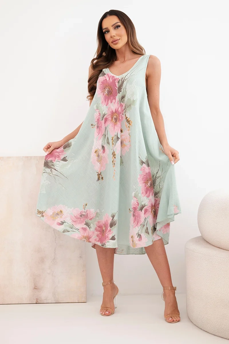 Sukienka damska bawełniana oversize z dekoltem V i kwiatowym nadrukiem ciemno miętowa - obrazek 2