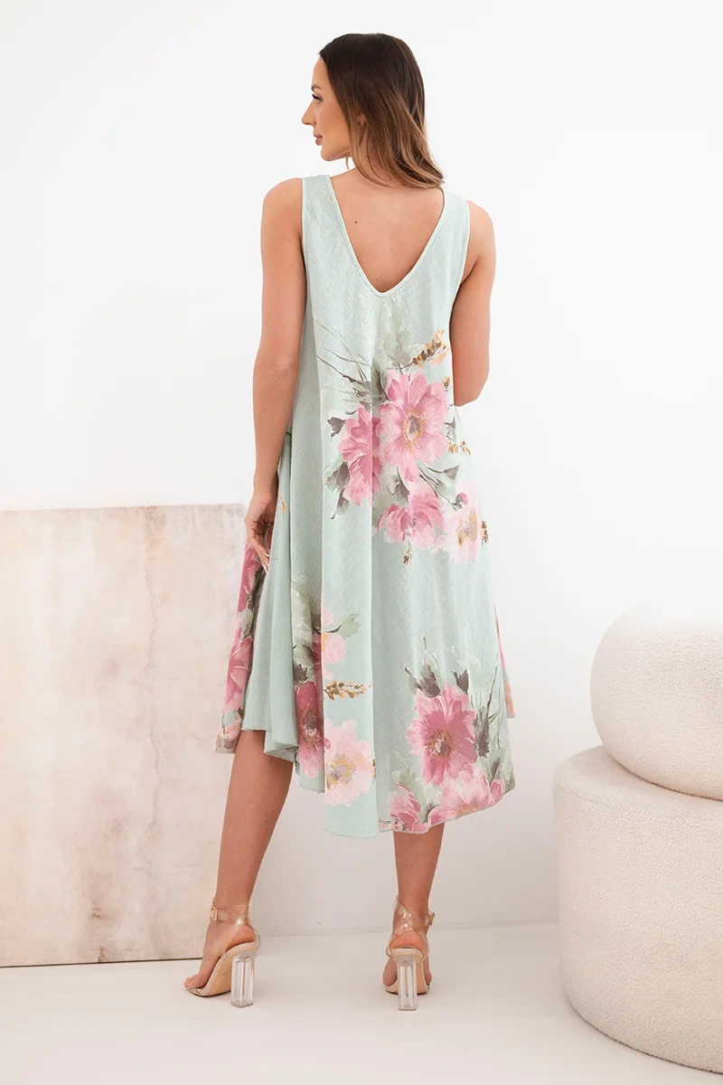 Sukienka damska bawełniana oversize z dekoltem V i kwiatowym nadrukiem ciemno miętowa - obrazek 3