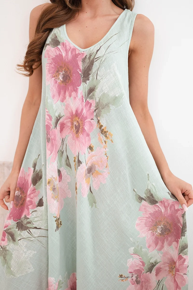 Sukienka damska bawełniana oversize z dekoltem V i kwiatowym nadrukiem ciemno miętowa - obrazek 4