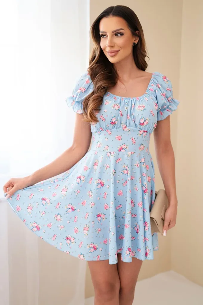 Sukienka damska w kwiaty z bufiastym rękawem i elastyczną talią niebieska