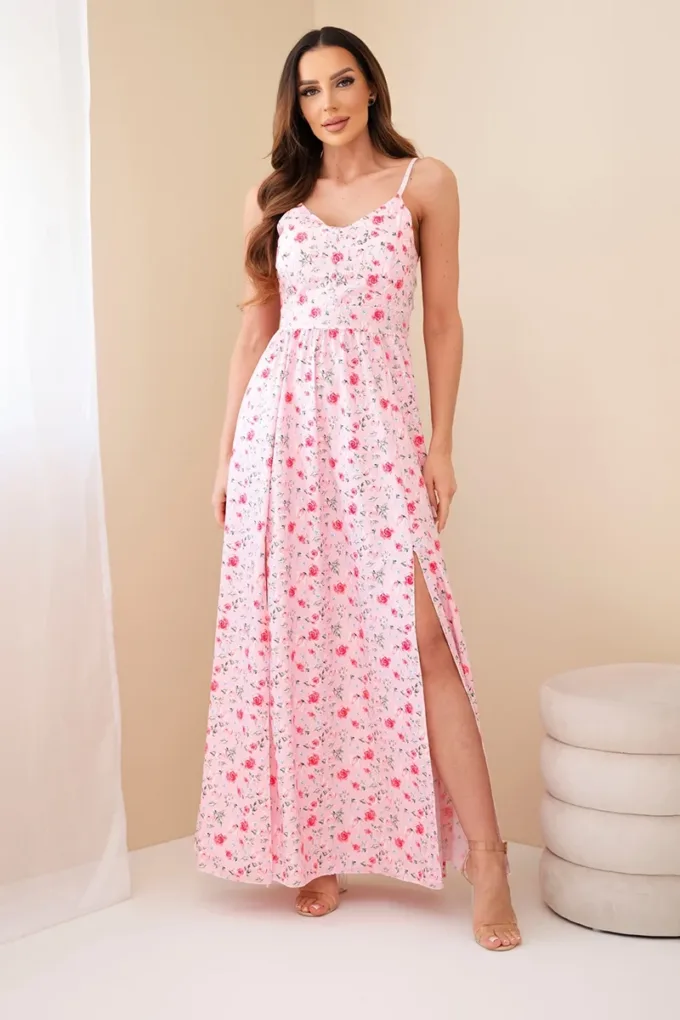 Sukienka damska maxi w kwiaty na ramiączkach z wiązaniem na plecach cukierkowy róż