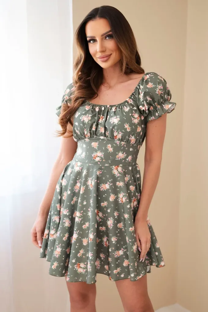 Sukienka damska w kwiaty z bufiastym rękawem i elastyczną talią khaki
