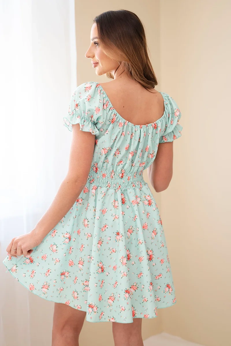Sukienka damska w kwiaty z bufiastym rękawem i elastyczną talią miętowa - obrazek 3