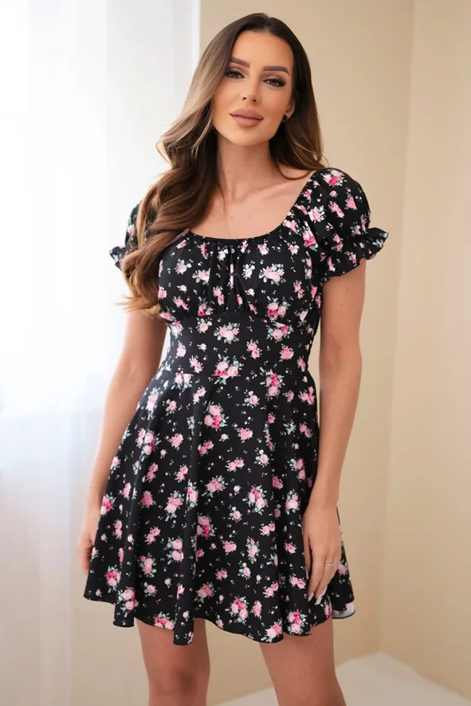 Sukienka damska w kwiaty z bufiastym rękawem i elastyczną talią czarna