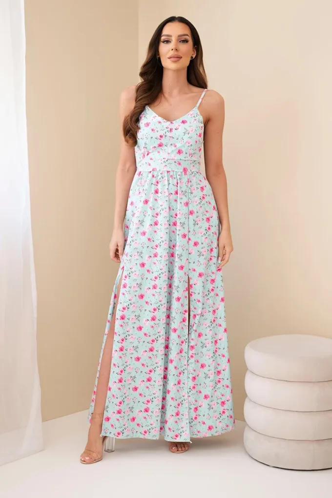 Sukienka damska maxi w kwiaty na ramiączkach z wiązaniem na plecach miętowa