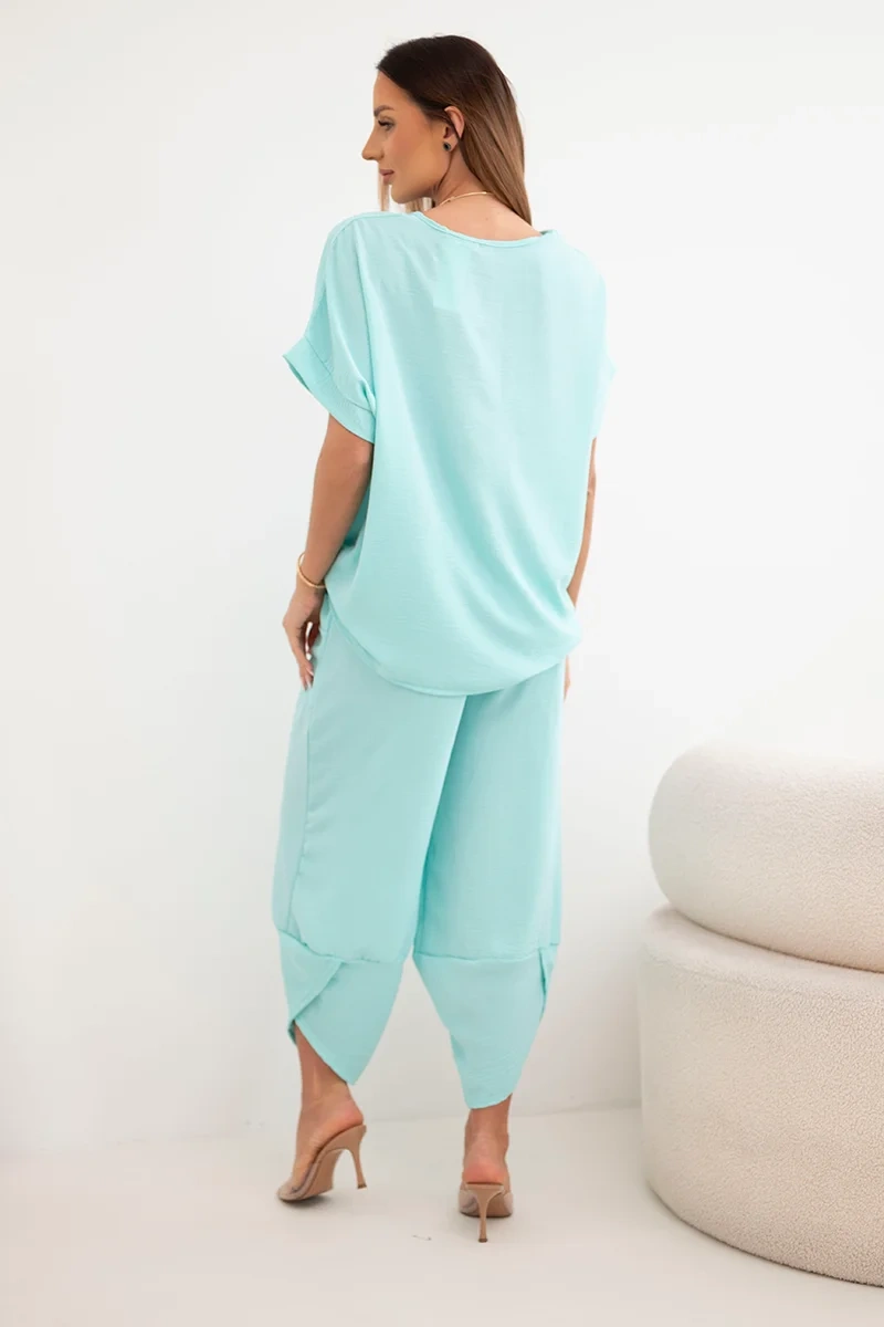 Komplet z wiskozy bluzka + spodnie miętowy - obrazek 3