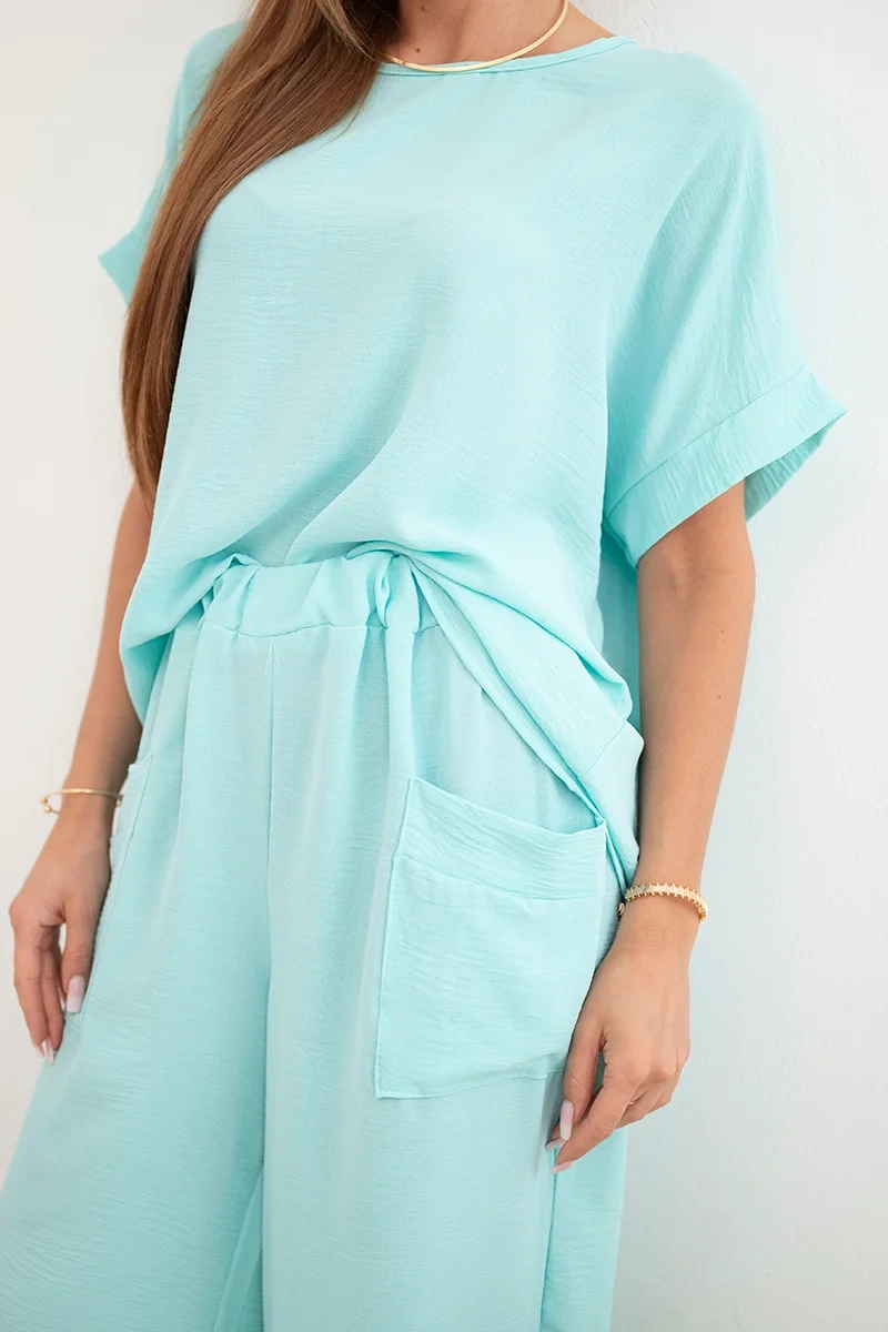 Komplet z wiskozy bluzka + spodnie miętowy - obrazek 4