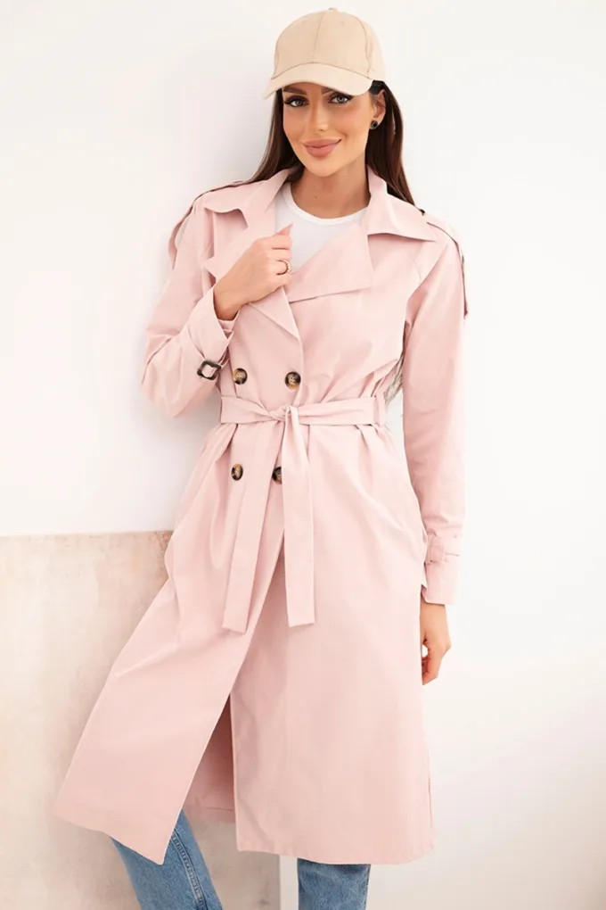 Płaszcz damski wiązany w talii z kołnierzem ciemny pudrowy róż