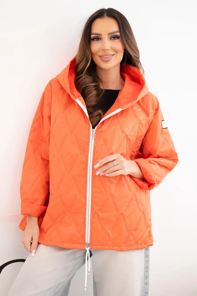 Kurtka damska wiosenna pikowana z kapturem i zamkiem ciemno pomarańczowa